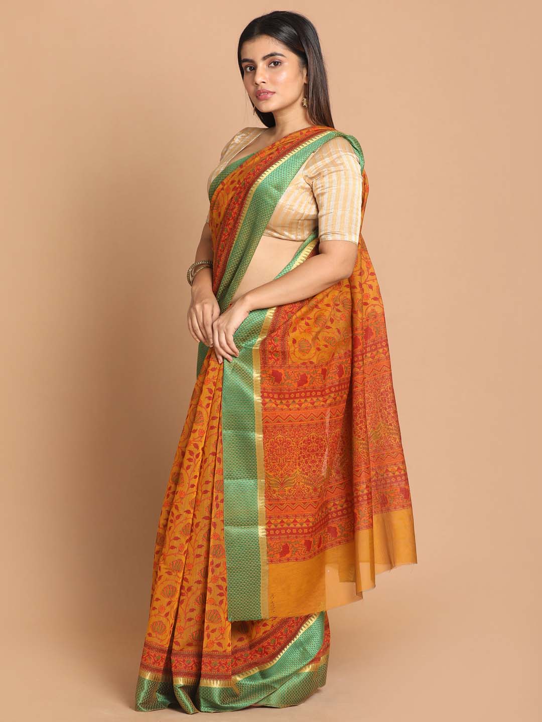 Indethnic Printed Cotton Blend Saree in Yellow - View 2