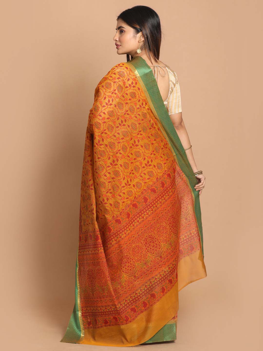 Indethnic Printed Cotton Blend Saree in Yellow - View 3