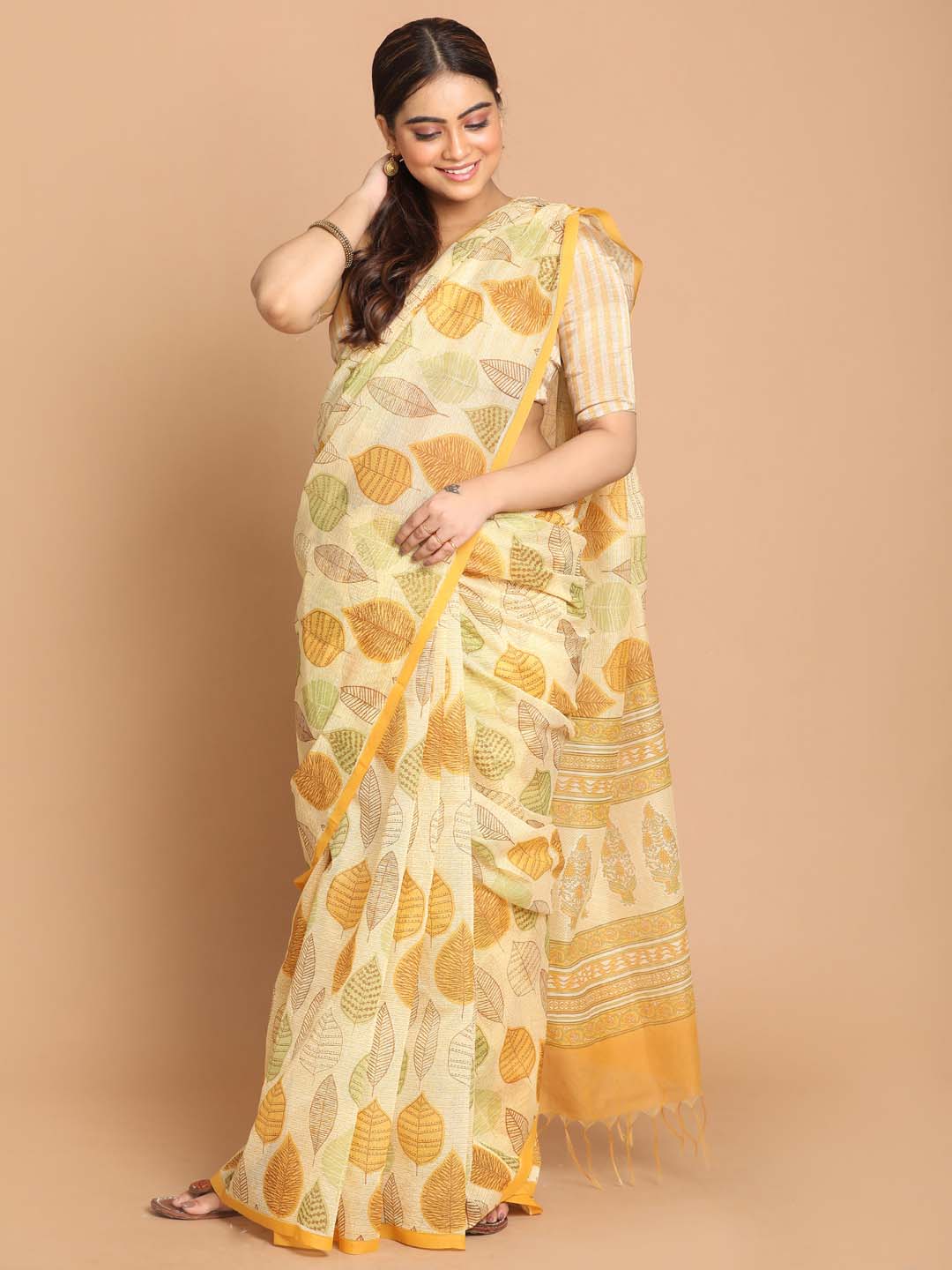 Indethnic Printed Cotton Blend Saree in Yellow - View 1