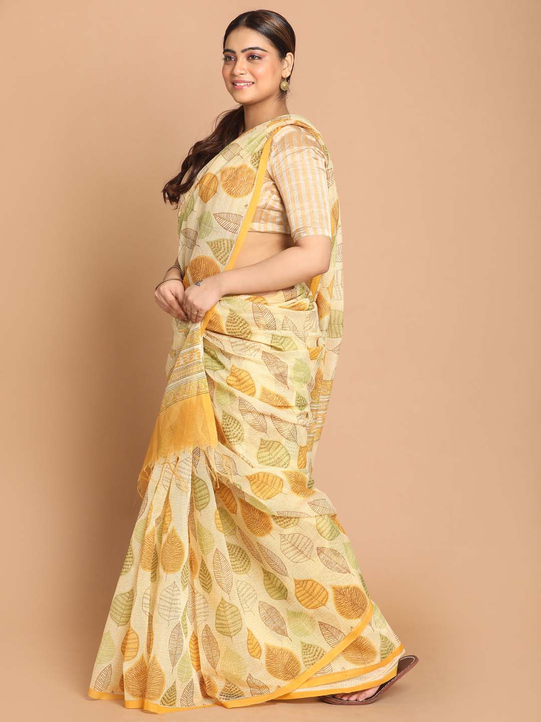 Indethnic Printed Cotton Blend Saree in Yellow - View 2