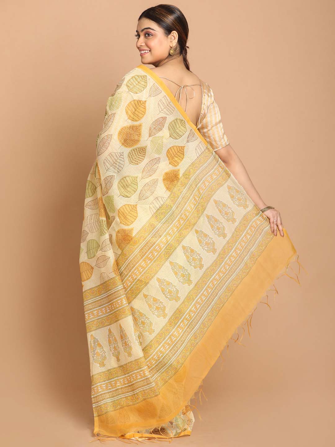 Indethnic Printed Cotton Blend Saree in Yellow - View 3