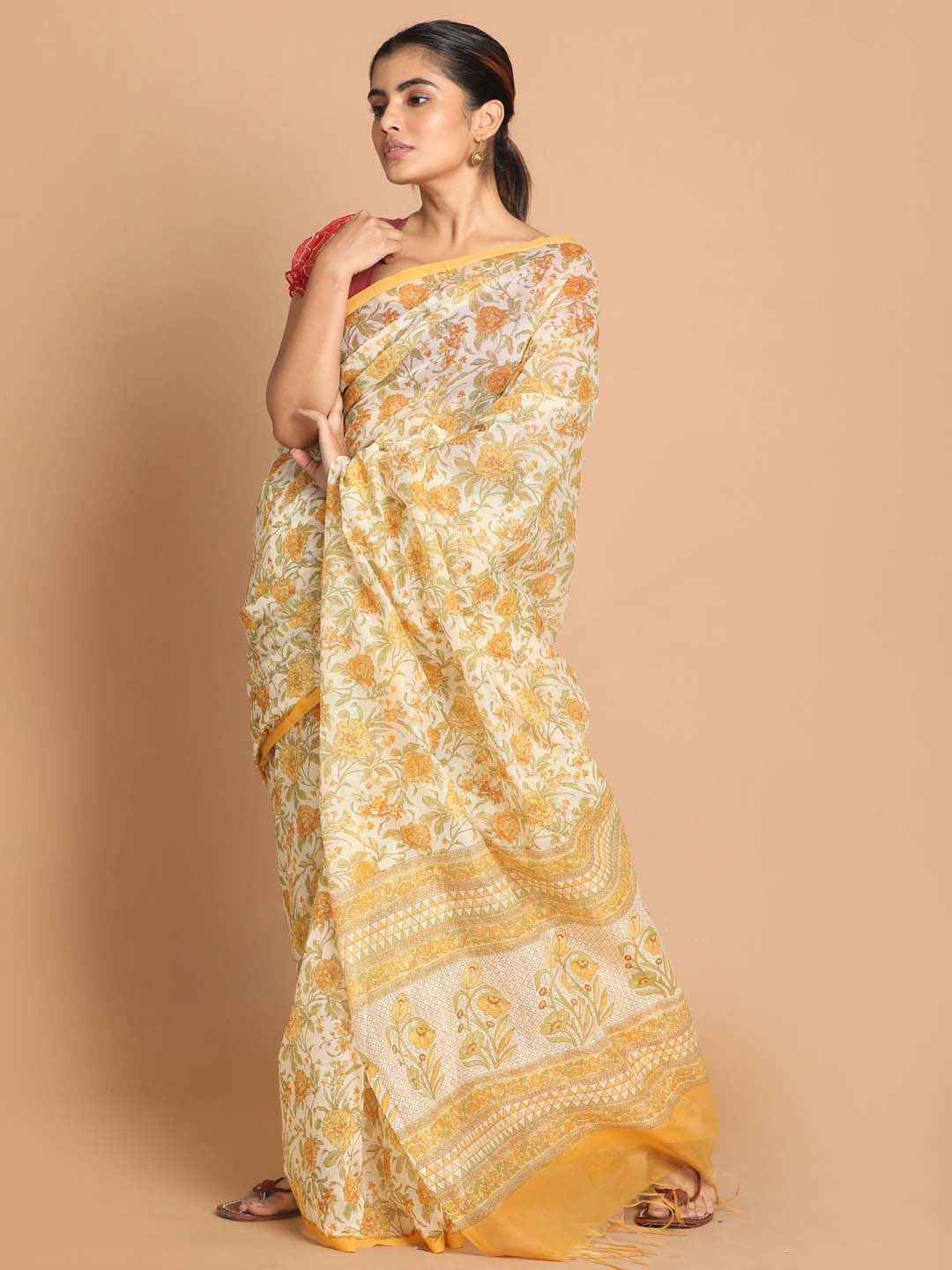 Indethnic Printed Cotton Blend Saree in Yellow - View 1