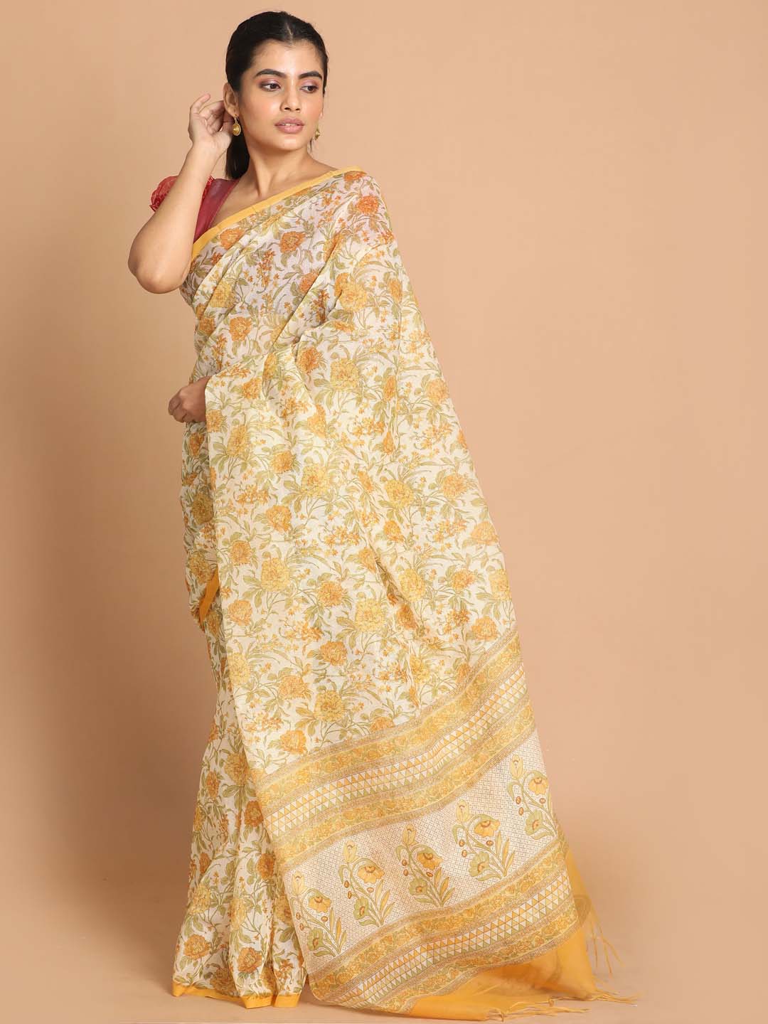 Indethnic Printed Cotton Blend Saree in Yellow - View 2