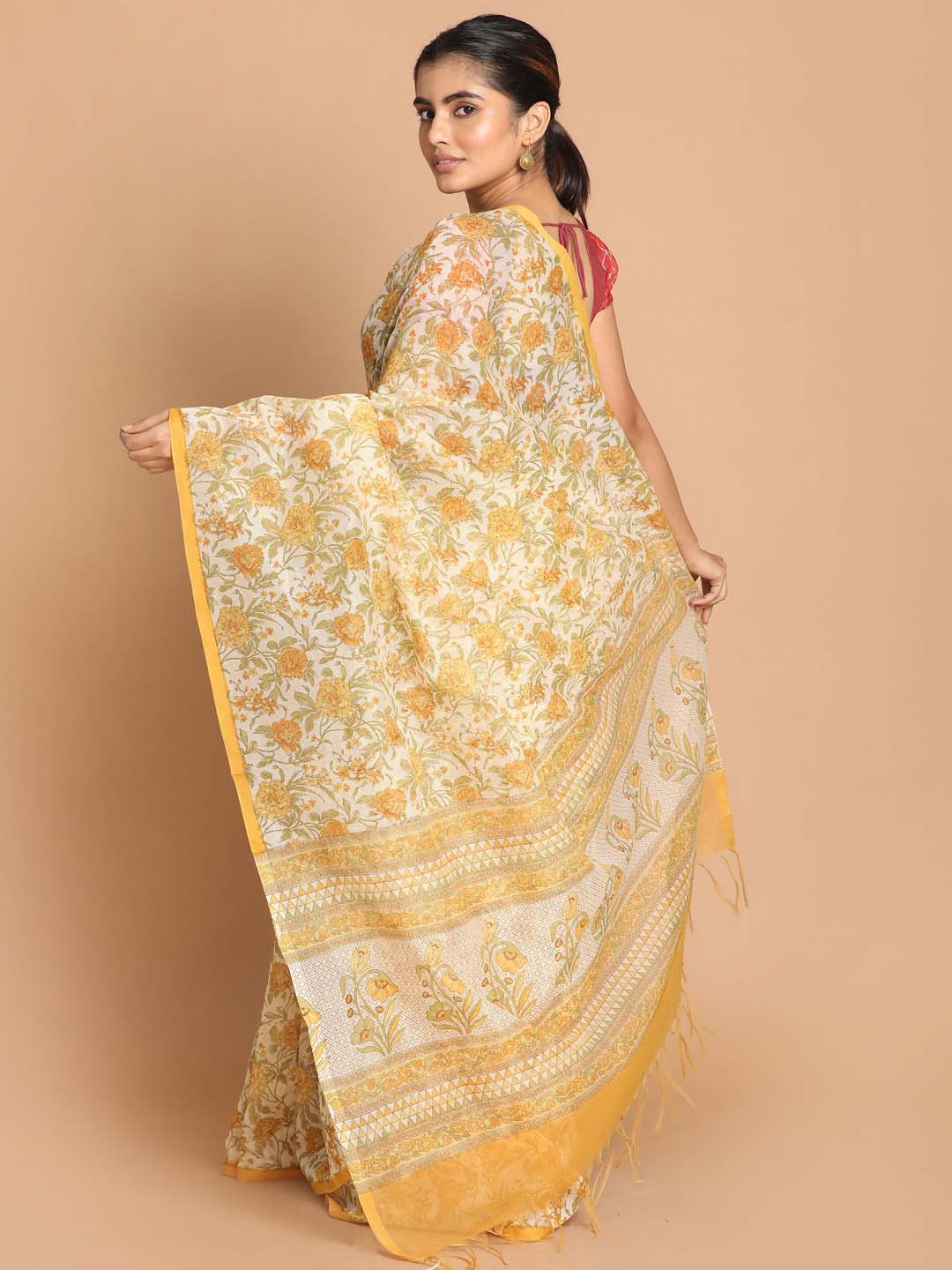 Indethnic Printed Cotton Blend Saree in Yellow - View 3