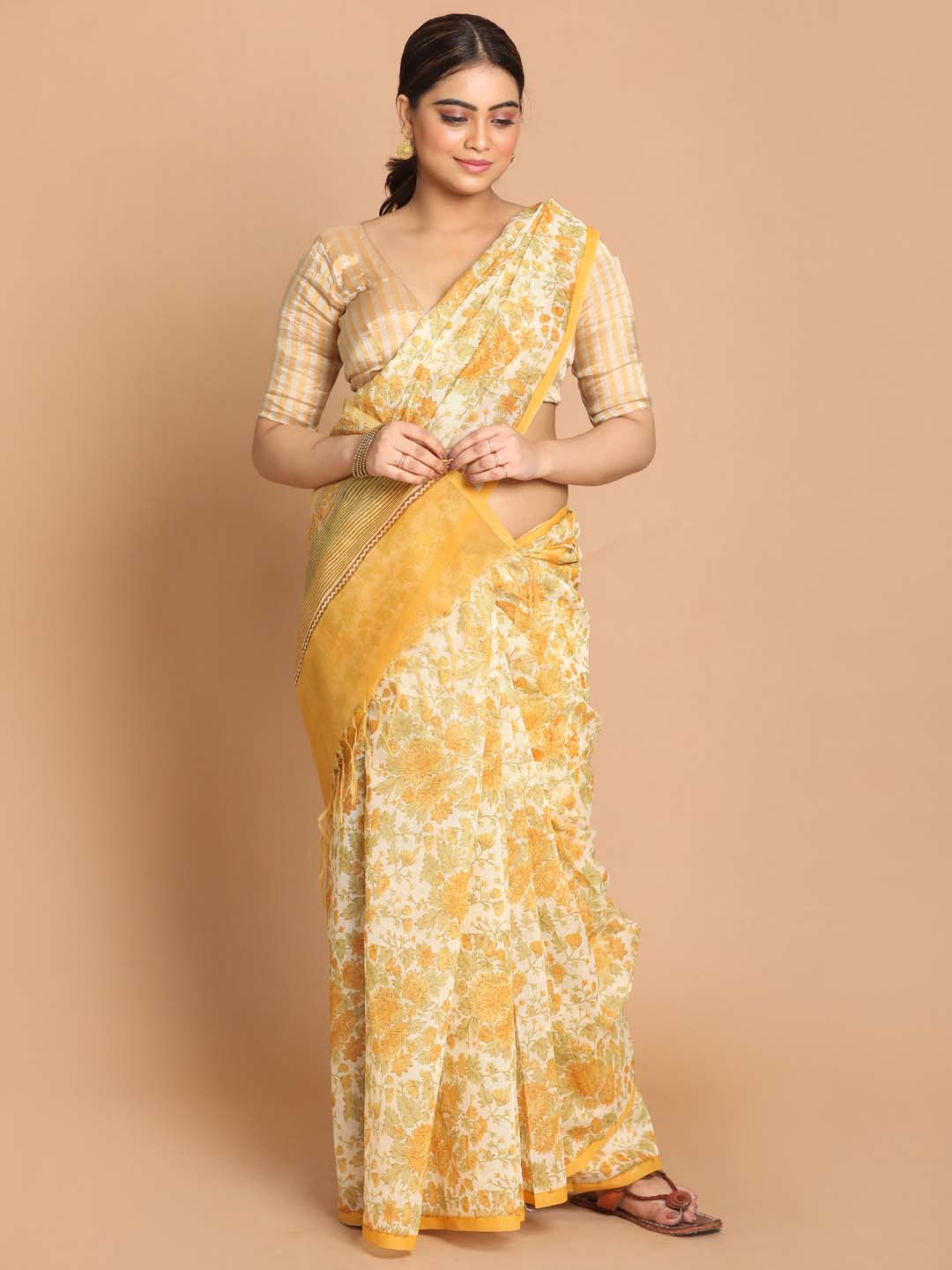 Indethnic Printed Cotton Blend Saree in Yellow - View 1