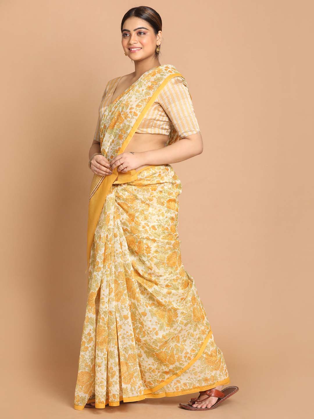 Indethnic Printed Cotton Blend Saree in Yellow - View 2