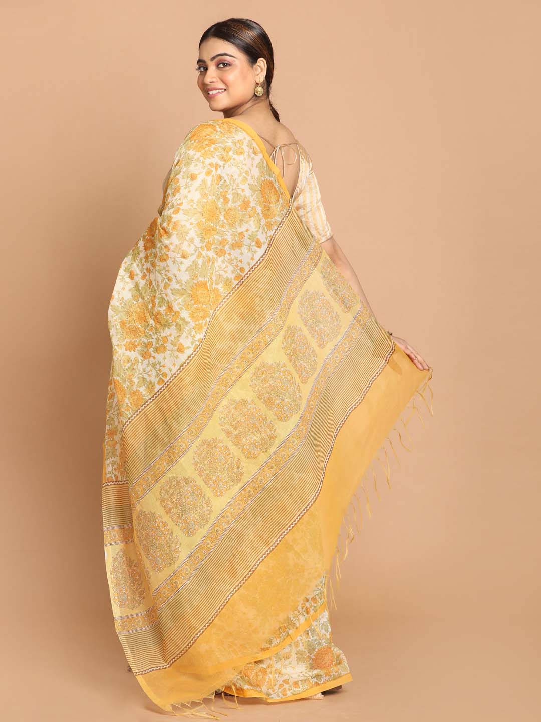 Indethnic Printed Cotton Blend Saree in Yellow - View 3