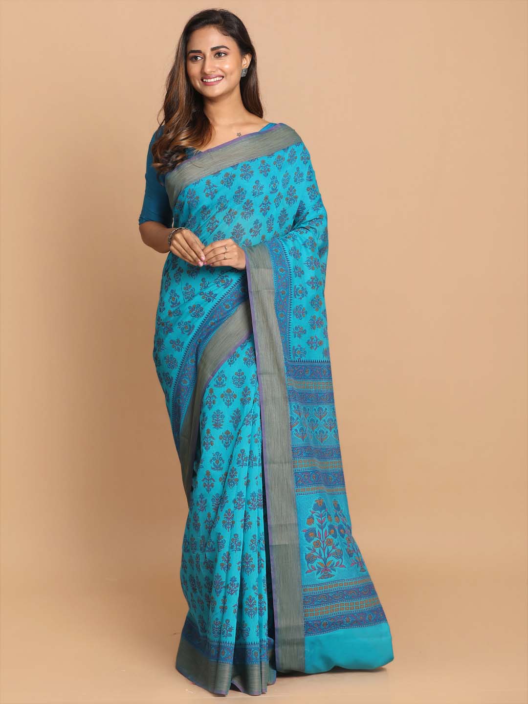 Indethnic Printed Cotton Blend Saree in Firoza - View 1