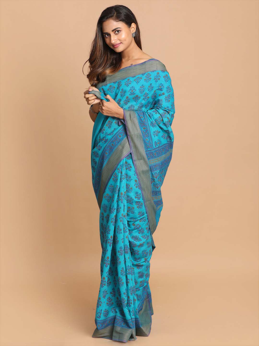 Indethnic Printed Cotton Blend Saree in Firoza - View 2