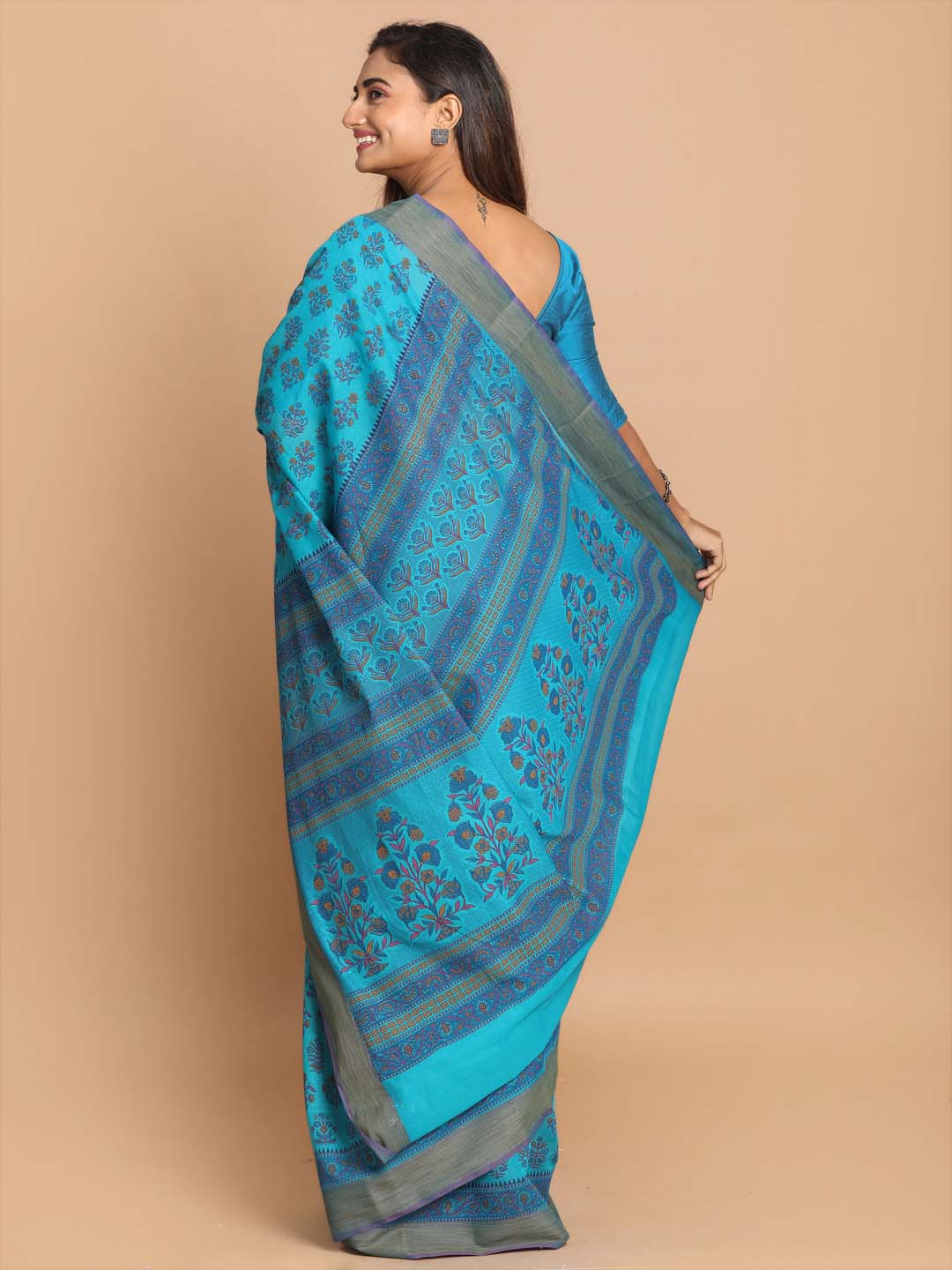 Indethnic Printed Cotton Blend Saree in Firoza - View 3