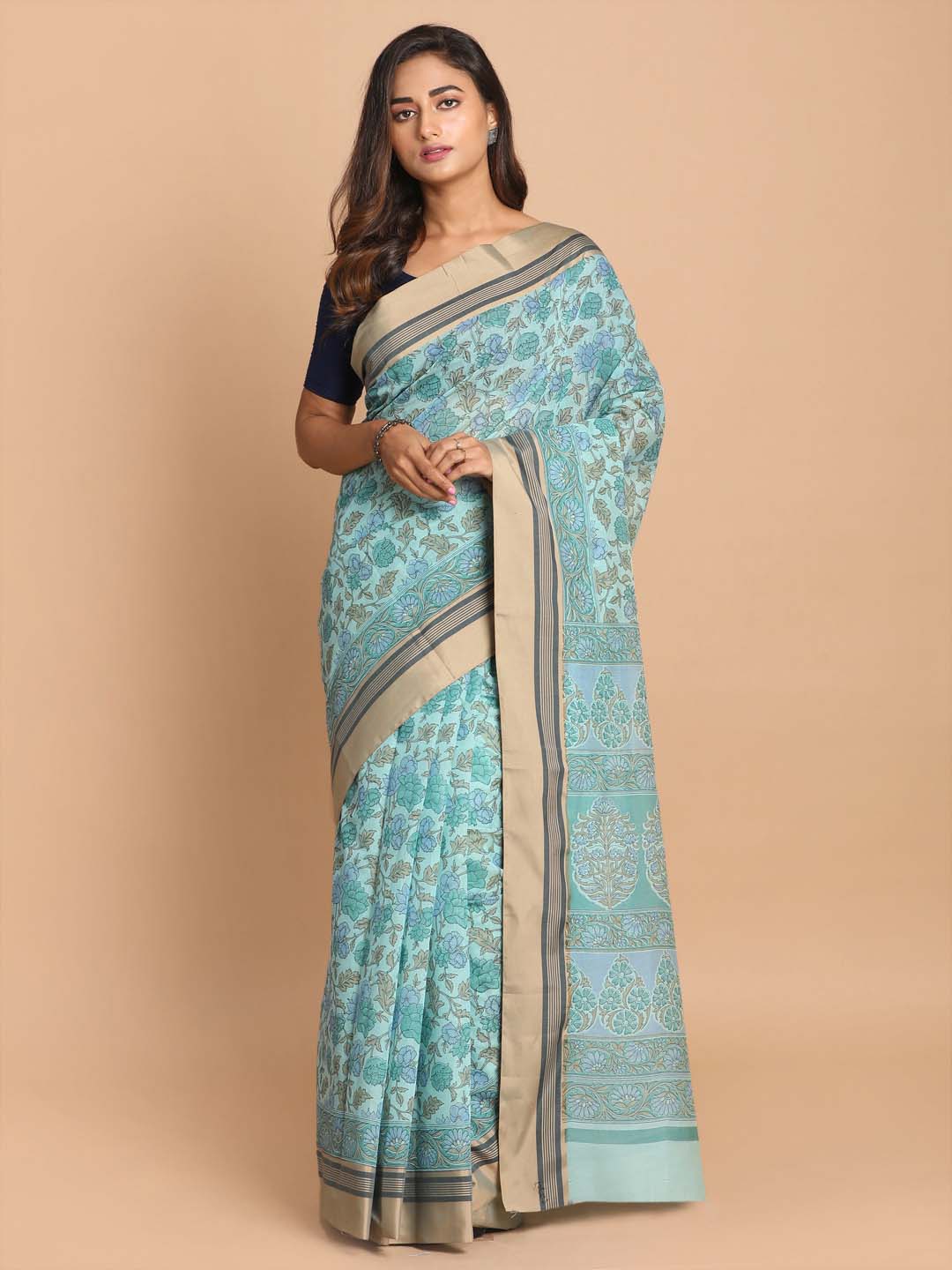 Indethnic Printed Cotton Blend Saree in Firoza - View 1