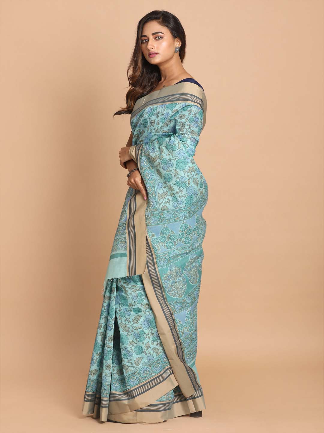 Indethnic Printed Cotton Blend Saree in Firoza - View 2