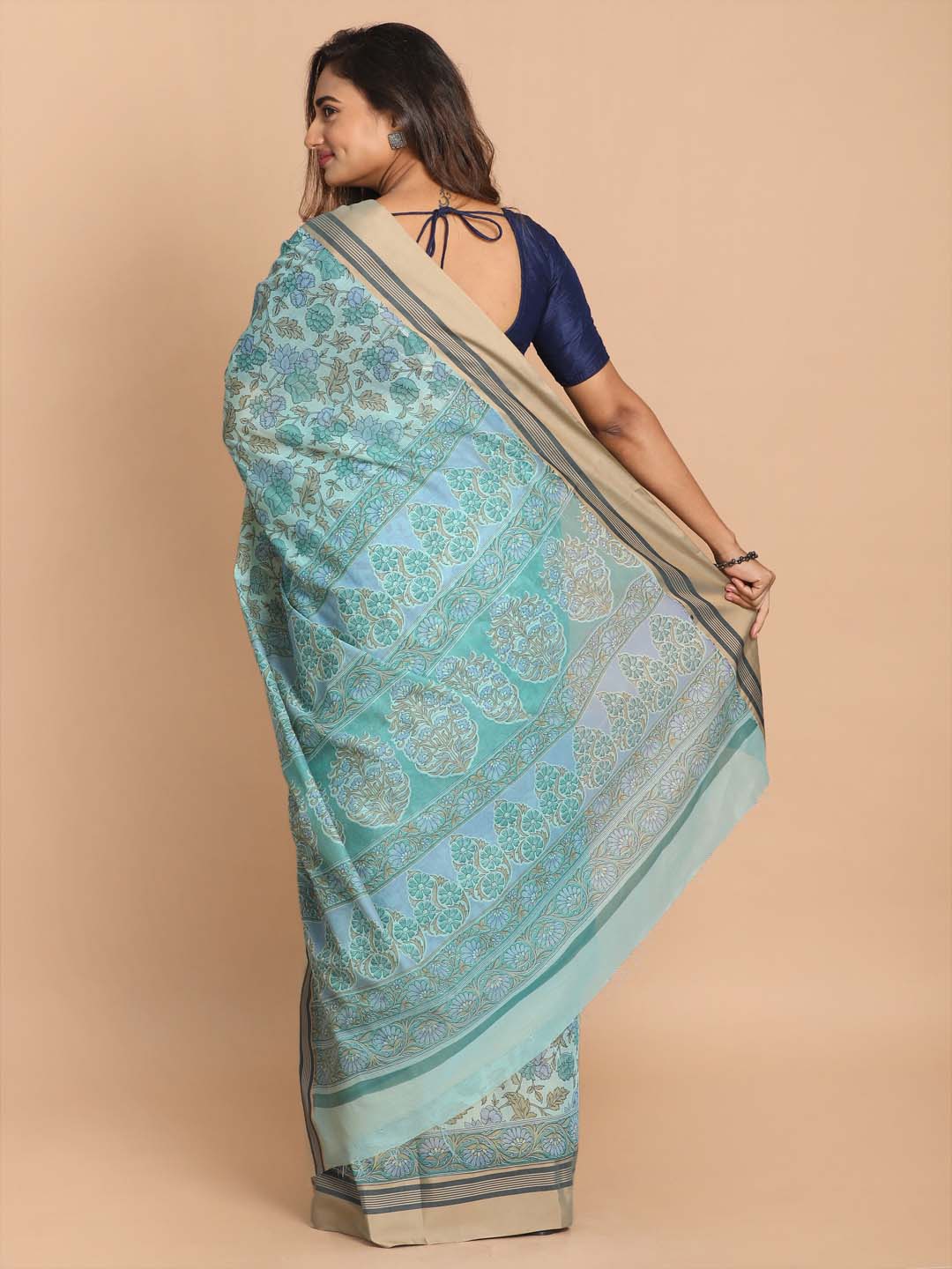 Indethnic Printed Cotton Blend Saree in Firoza - View 3