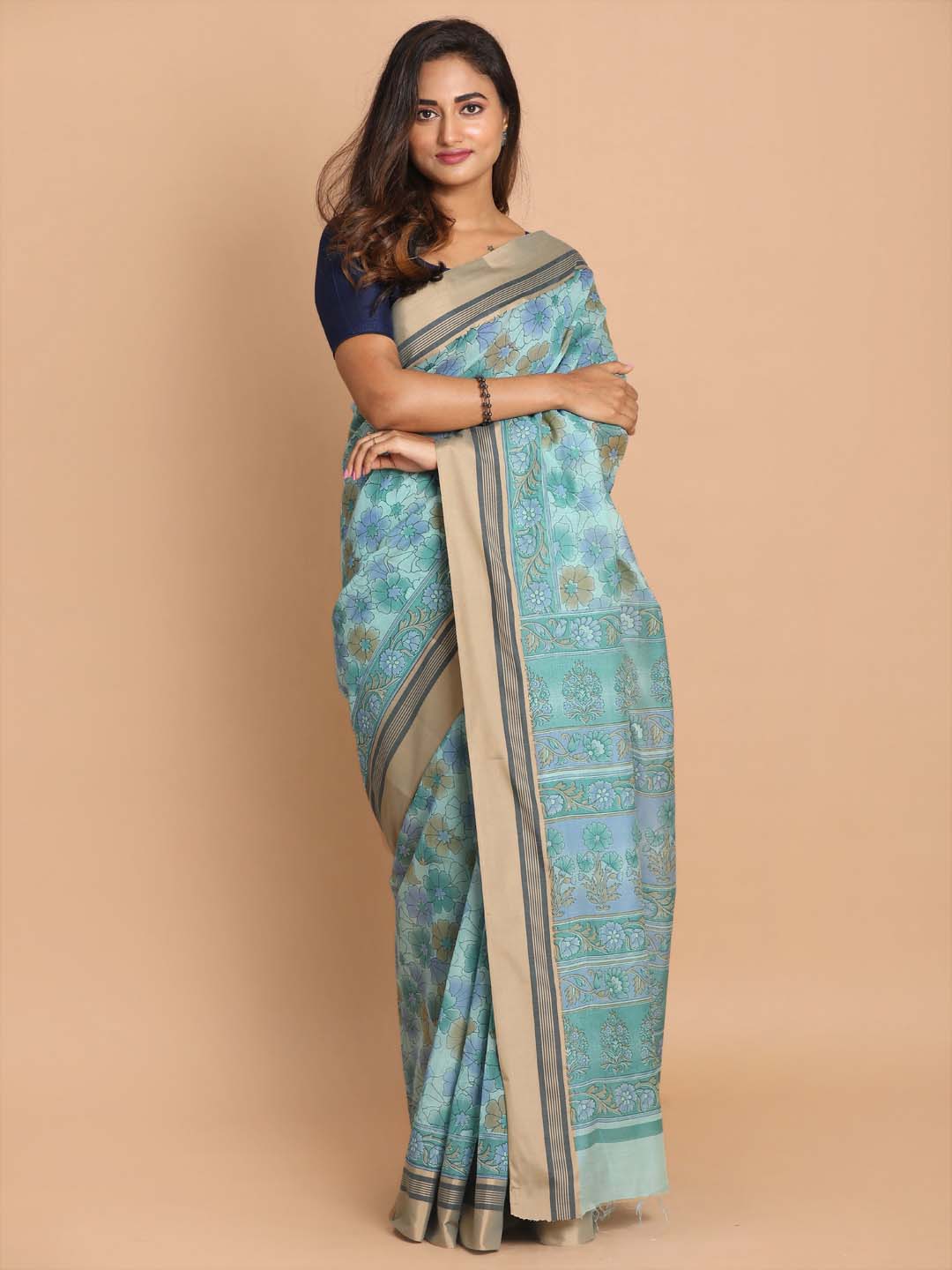 Indethnic Printed Cotton Blend Saree in Firoza - View 1