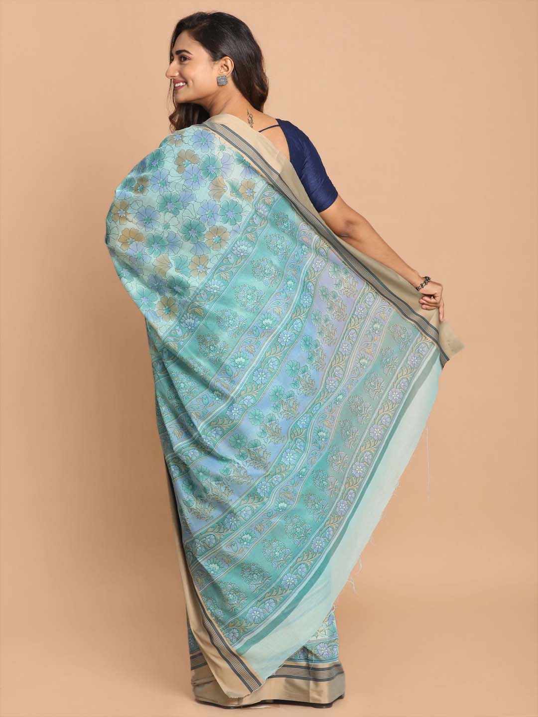 Indethnic Printed Cotton Blend Saree in Firoza - View 3