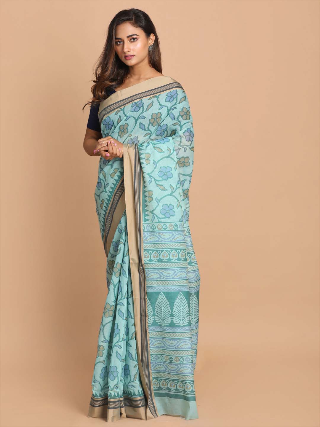 Indethnic Printed Cotton Blend Saree in Firoza - View 1