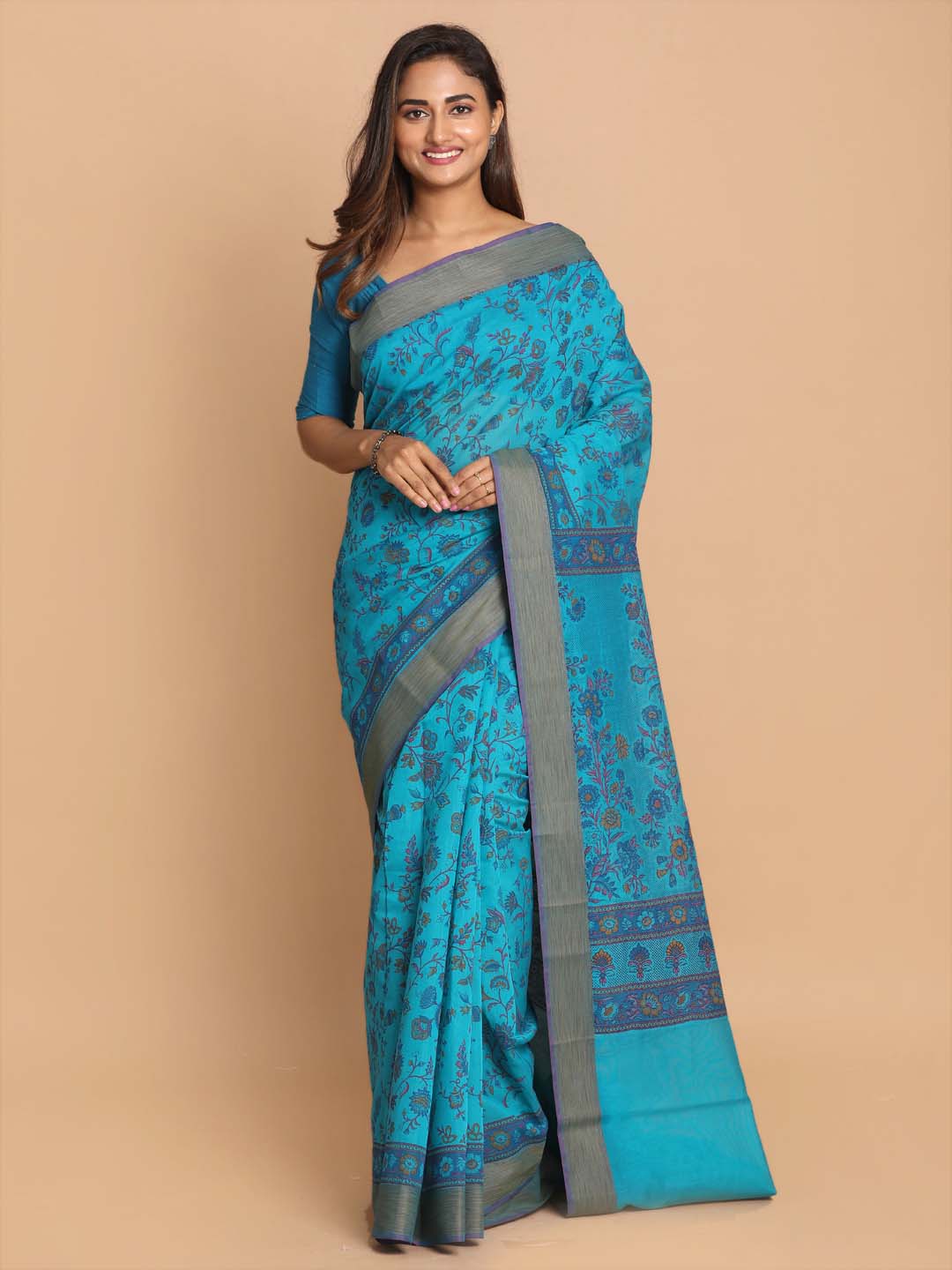Indethnic Printed Cotton Blend Saree in Firoza - View 1