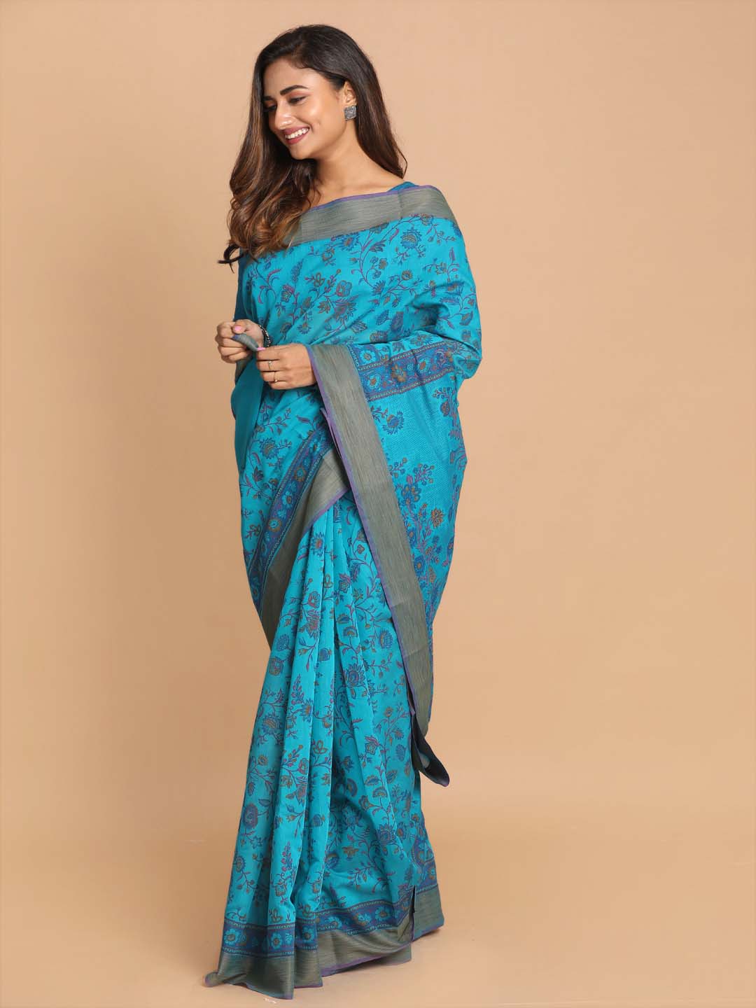 Indethnic Printed Cotton Blend Saree in Firoza - View 1