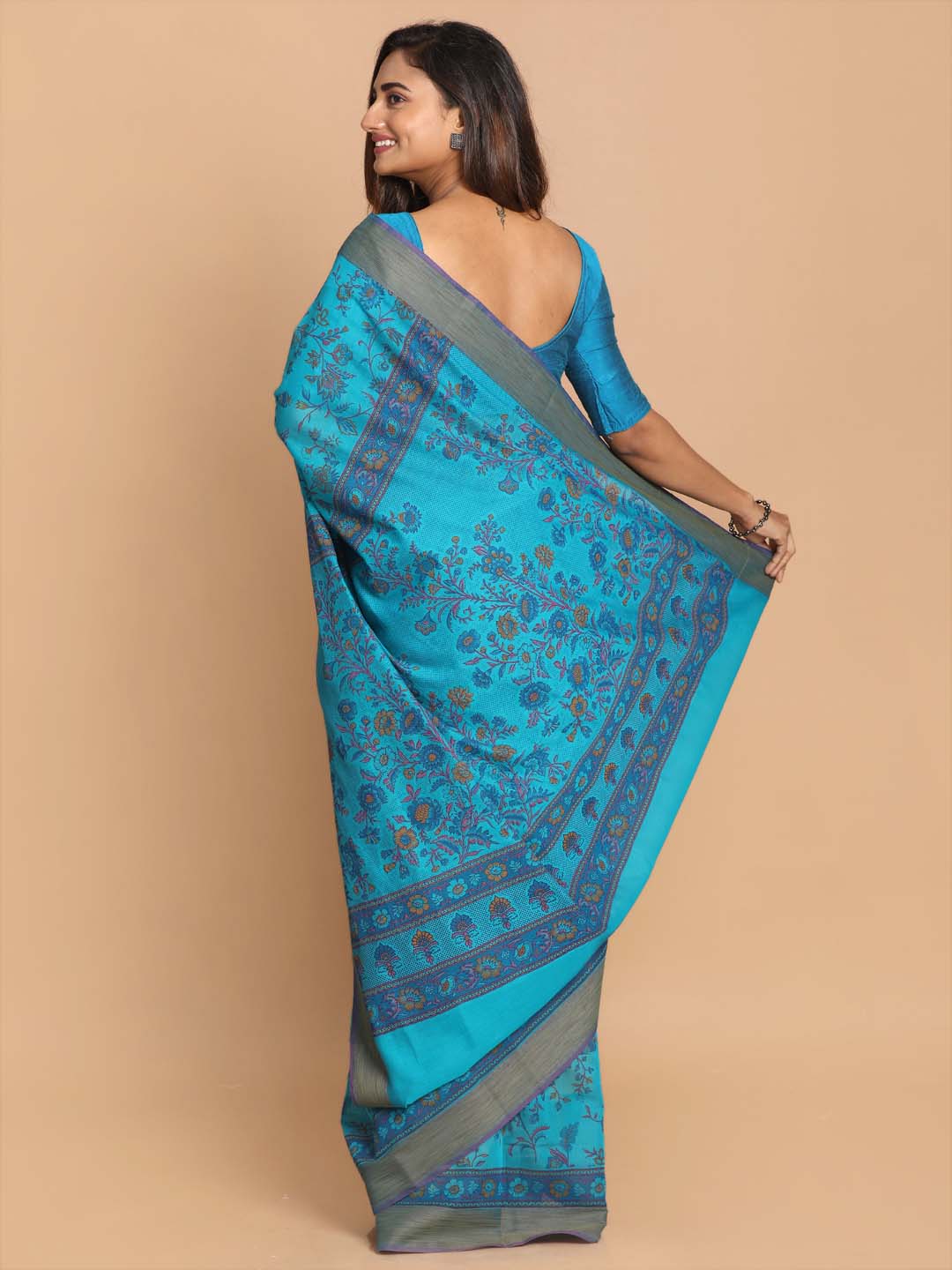 Indethnic Printed Cotton Blend Saree in Firoza - View 3