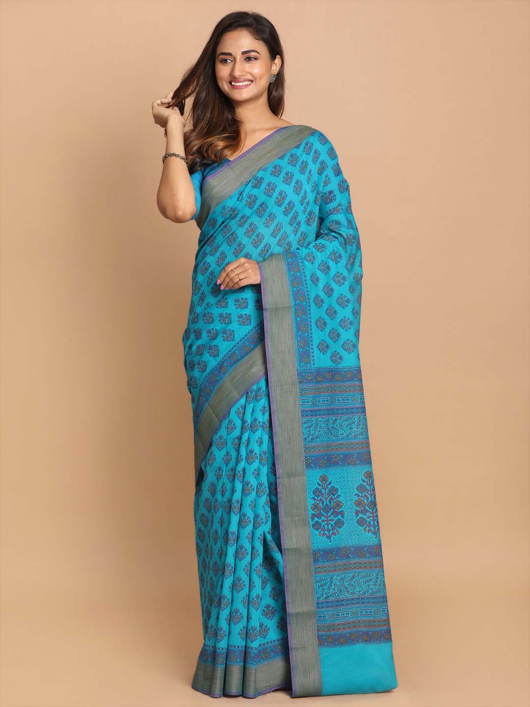 Indethnic Printed Cotton Blend Saree in Firoza - View 1