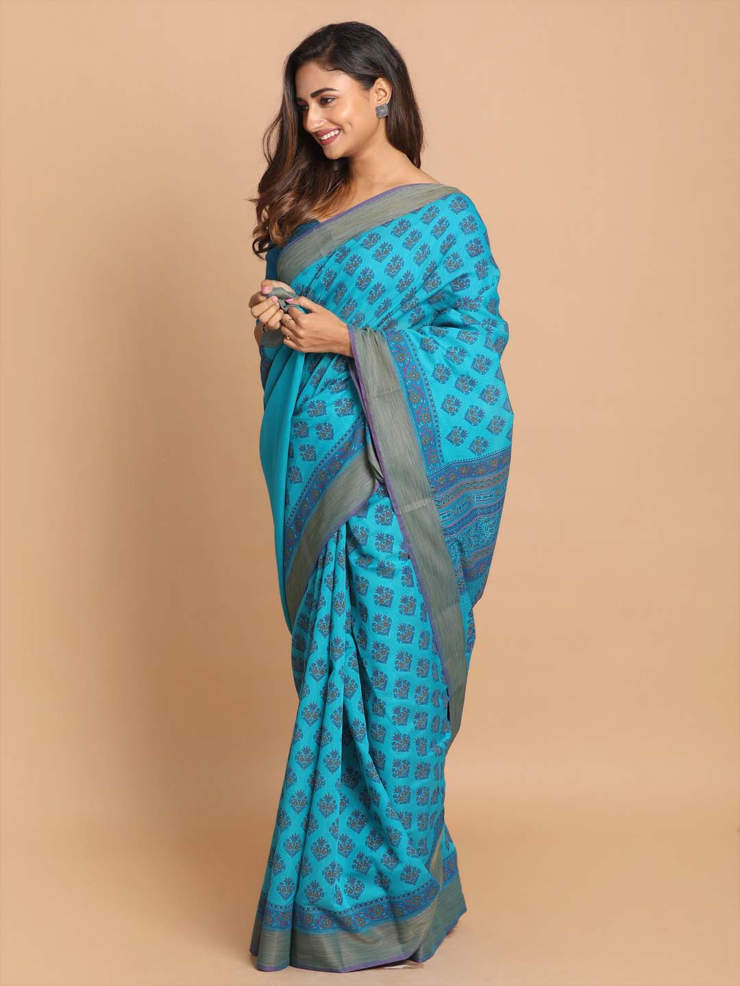 Indethnic Printed Cotton Blend Saree in Firoza - View 2
