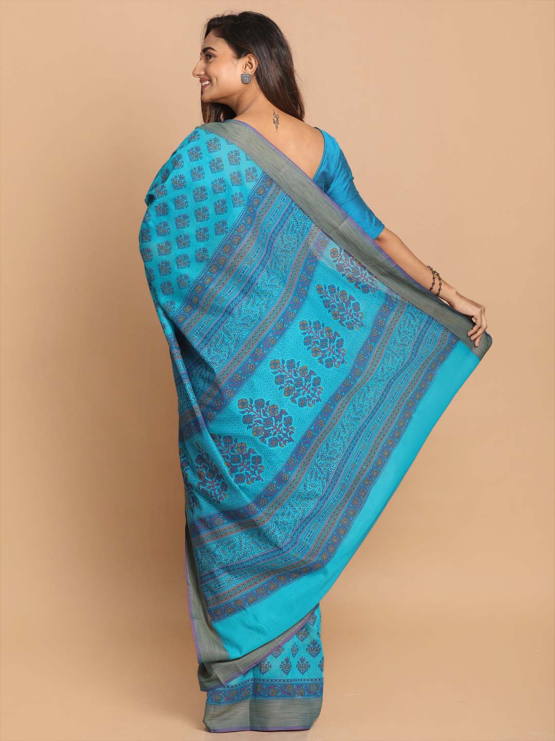 Indethnic Printed Cotton Blend Saree in Firoza - View 3
