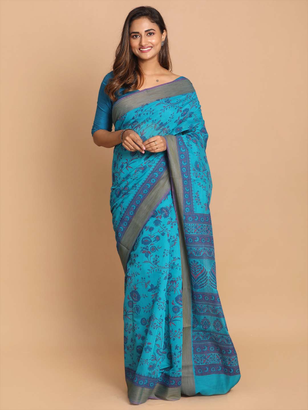 Indethnic Printed Cotton Blend Saree in Firoza - View 1