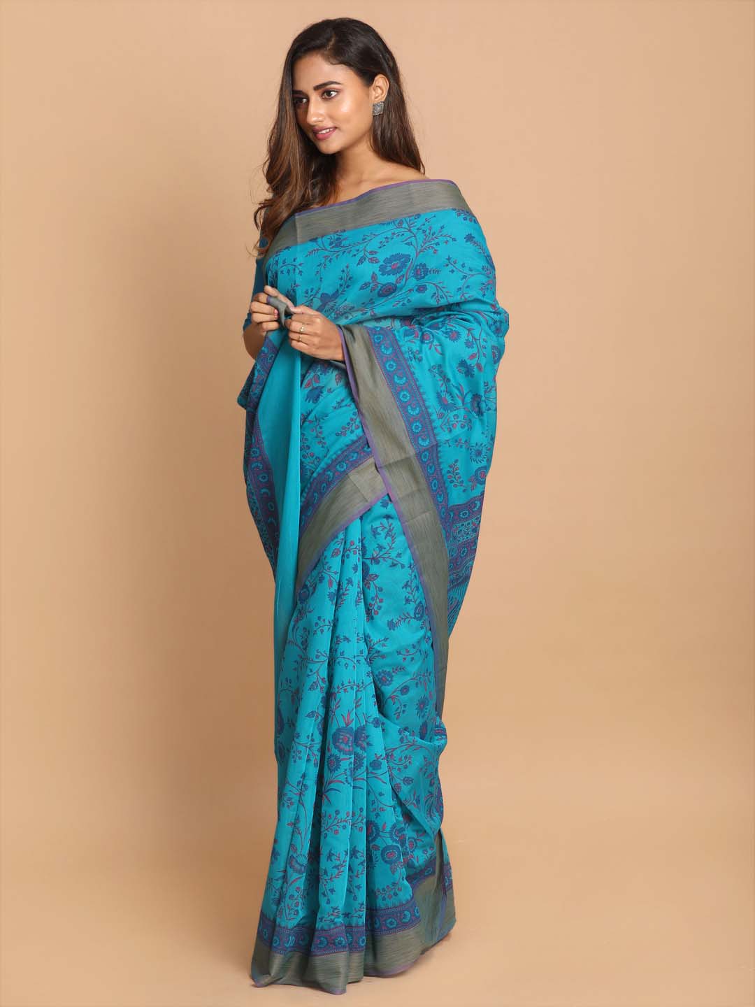 Indethnic Printed Cotton Blend Saree in Firoza - View 1