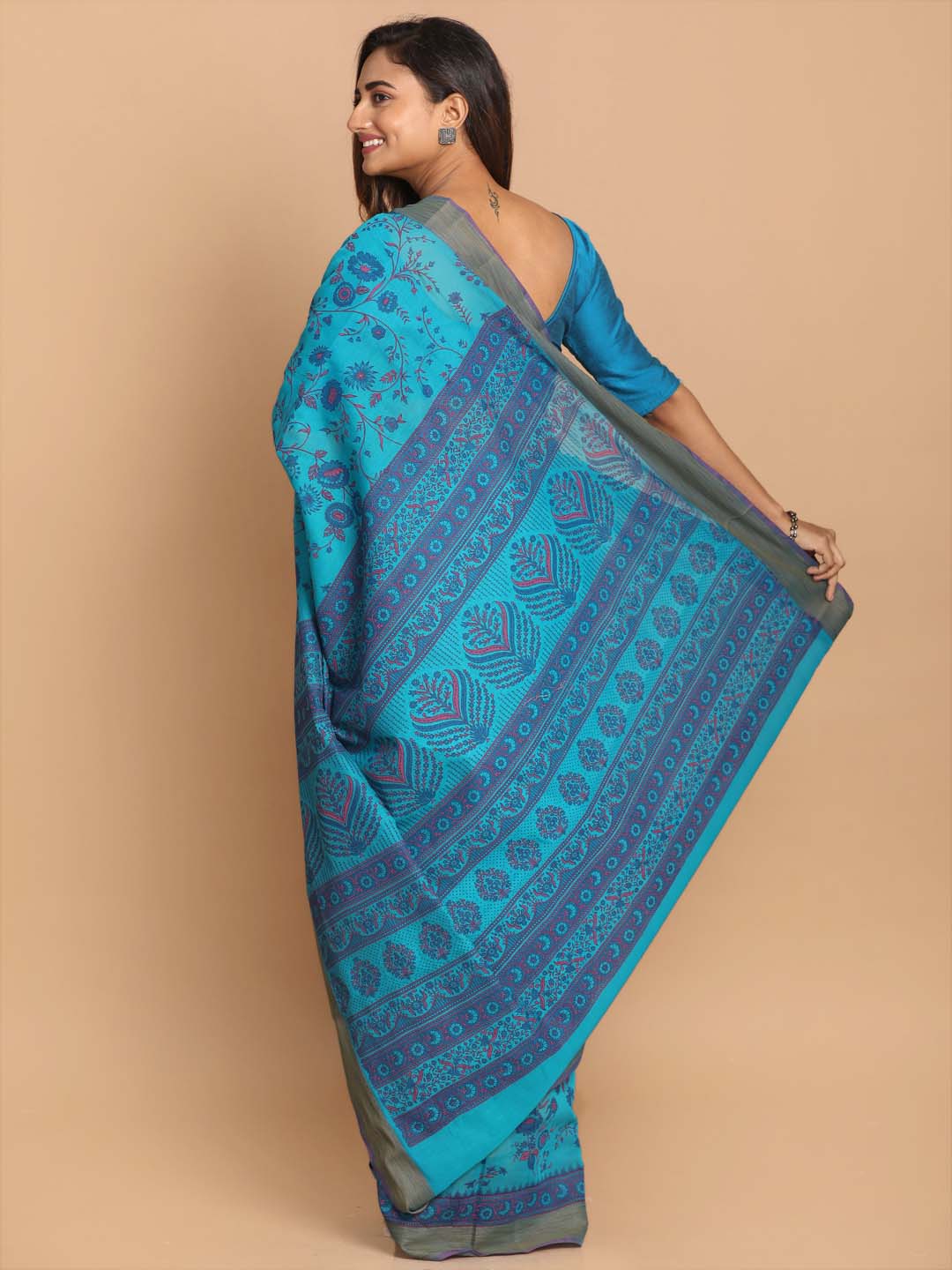 Indethnic Printed Cotton Blend Saree in Firoza - View 3