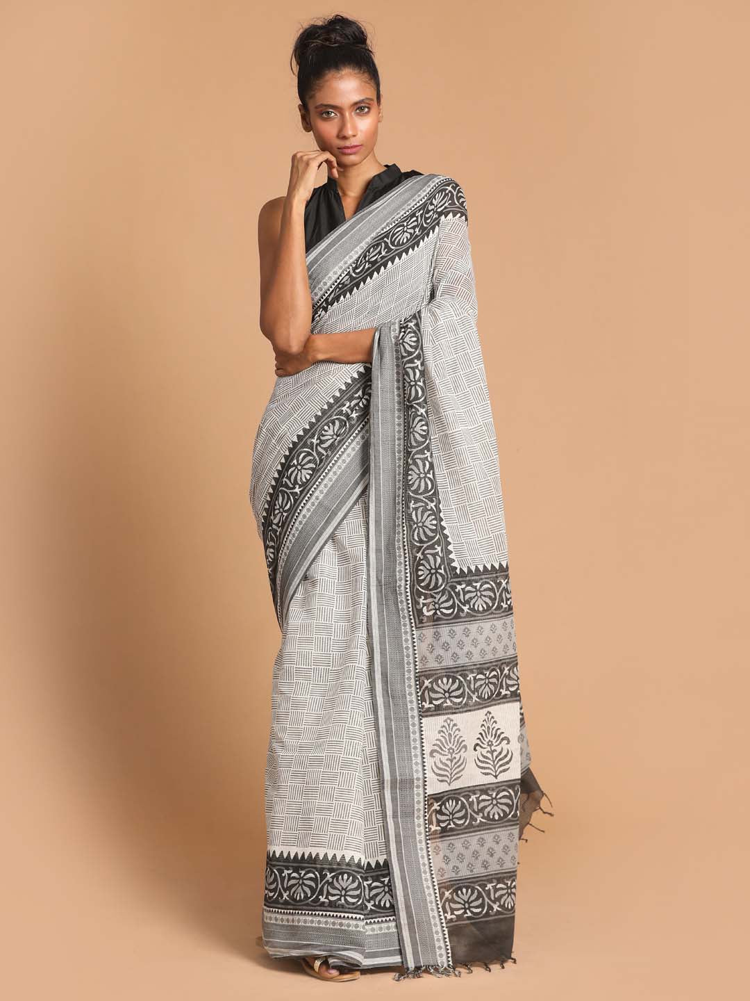 Indethnic Printed Pure Cotton Saree in Black - View 1