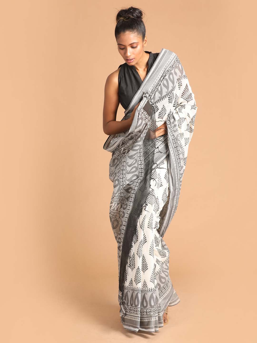 Indethnic Printed Pure Cotton Saree in Black - View 1