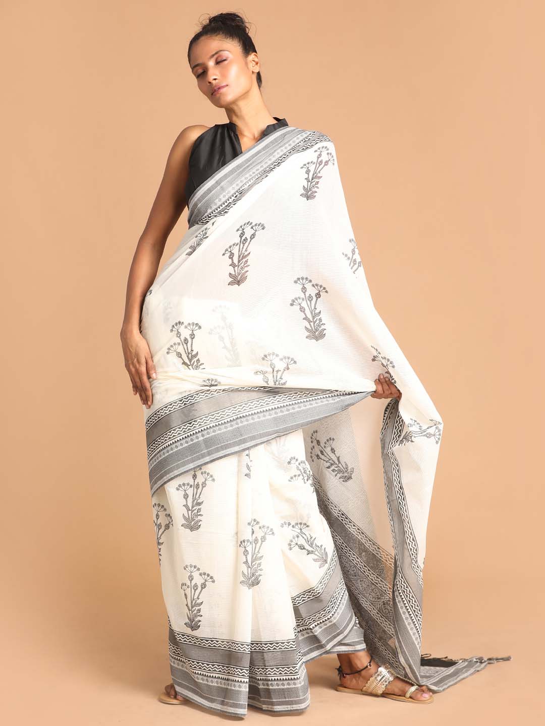 Indethnic Printed Pure Cotton Saree in Black - View 1