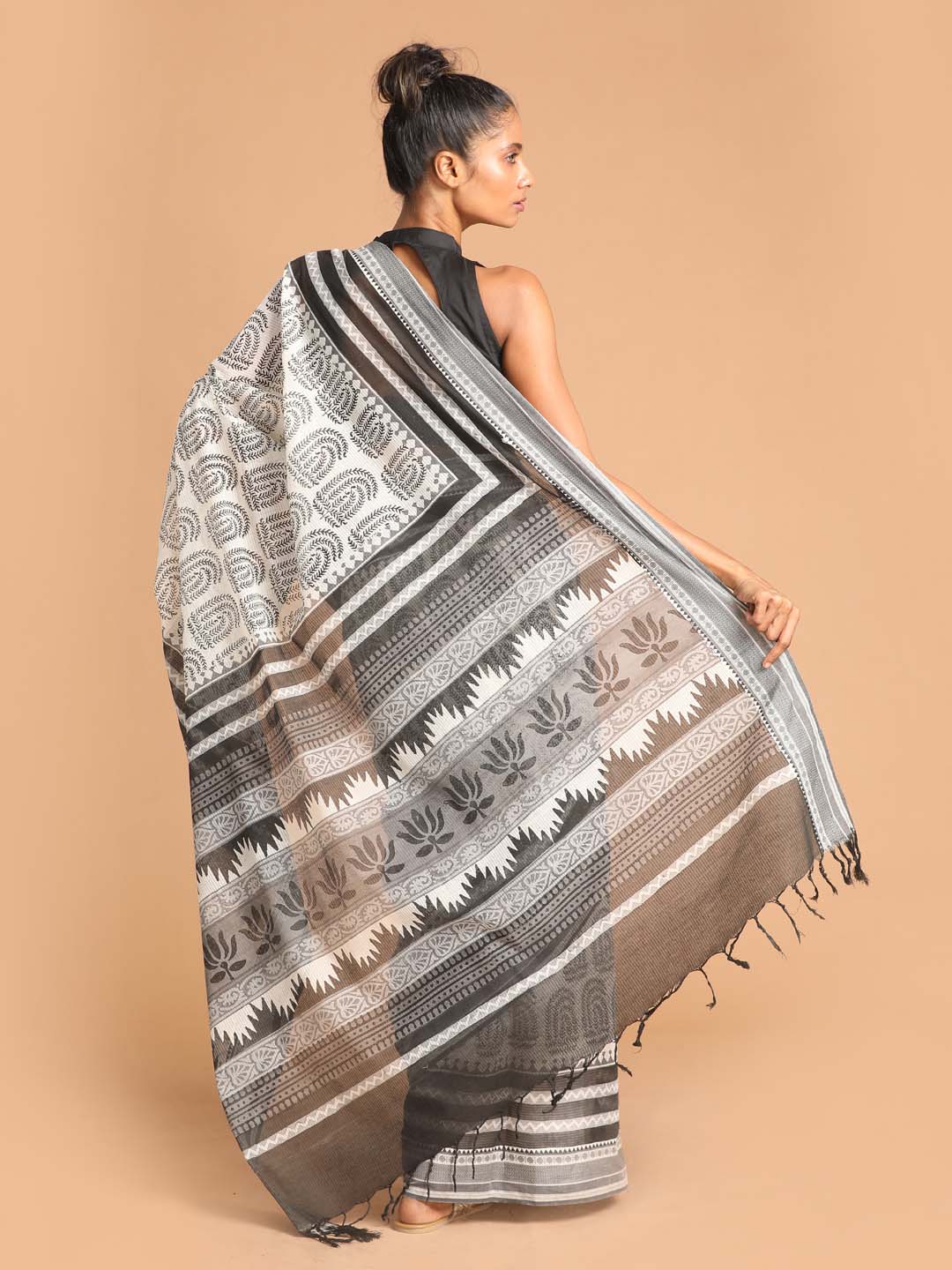 Indethnic Printed Pure Cotton Saree in Black - View 3