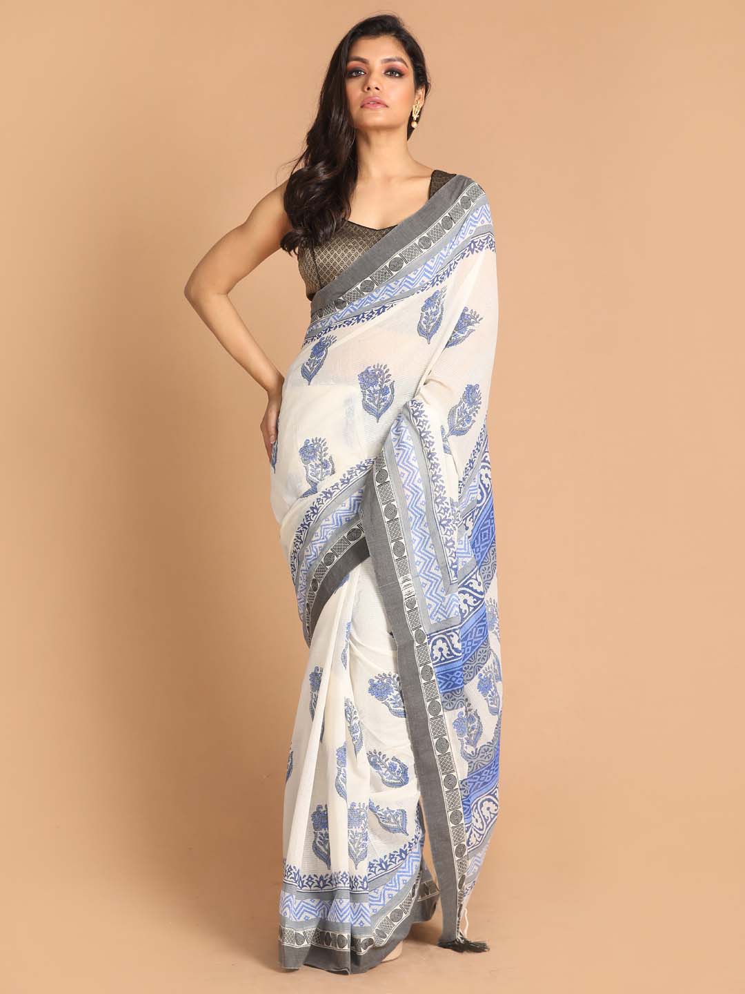 Indethnic Printed Pure Cotton Saree in Blue - View 1