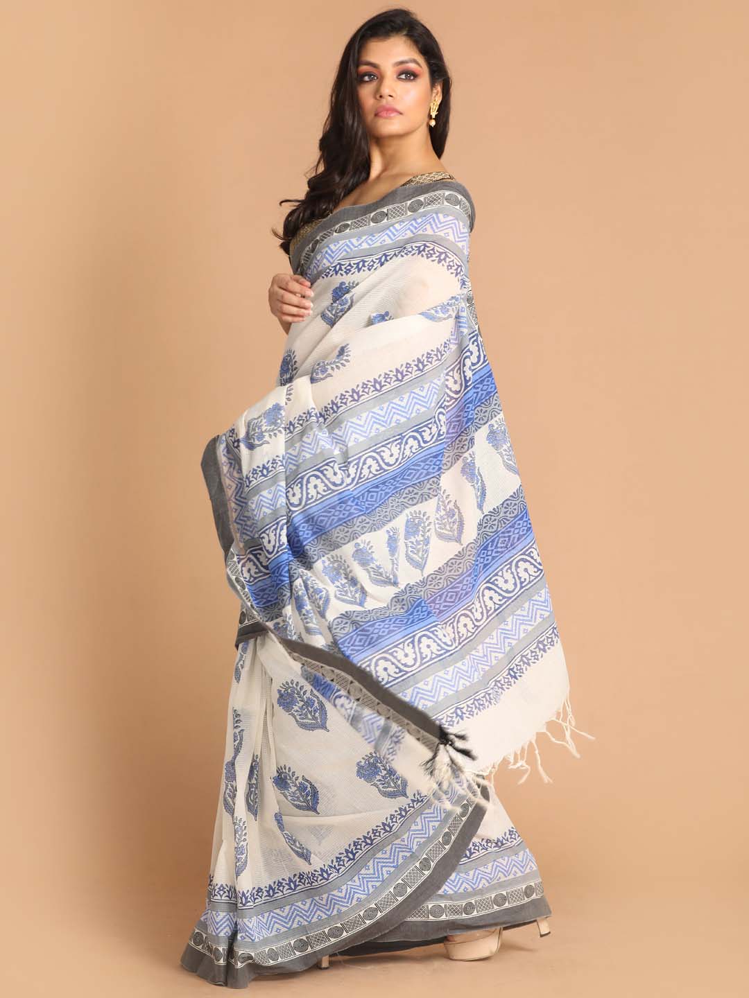 Indethnic Printed Pure Cotton Saree in Blue - View 2