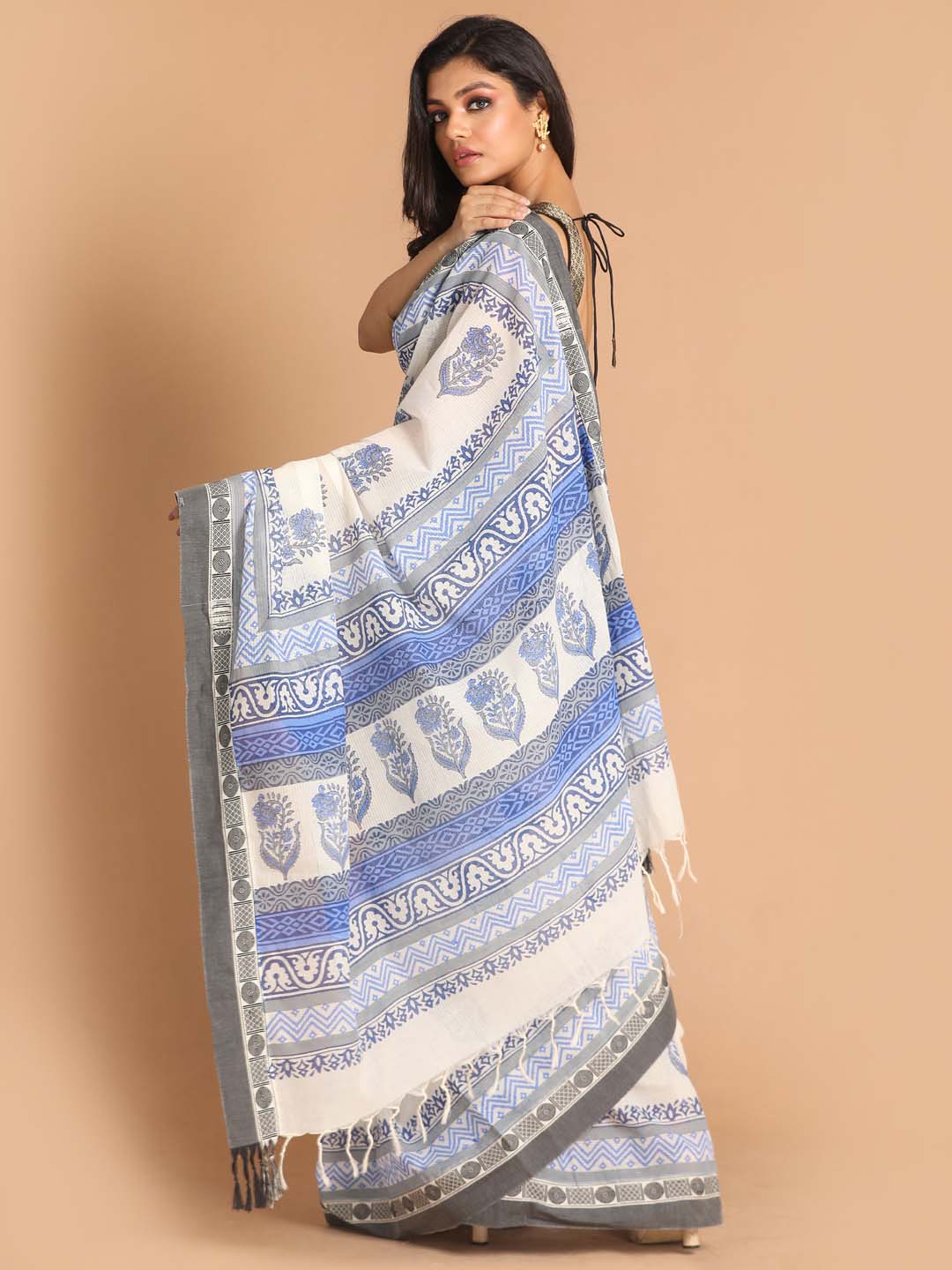 Indethnic Printed Pure Cotton Saree in Blue - View 3