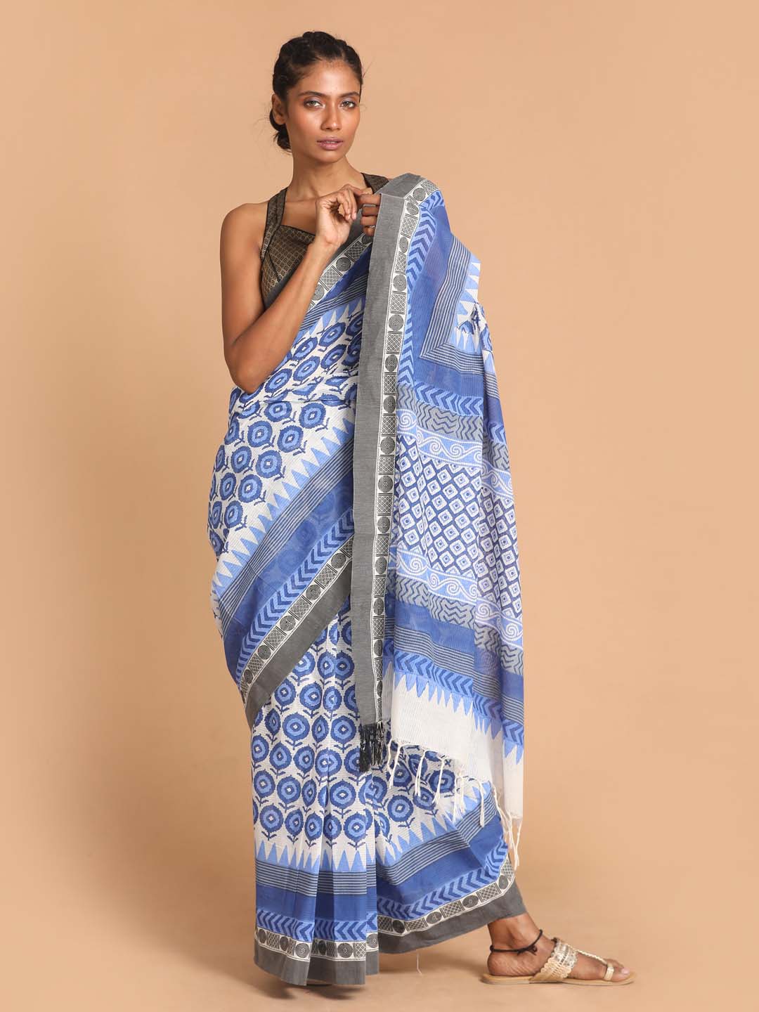 Indethnic Printed Pure Cotton Saree in Blue - View 1