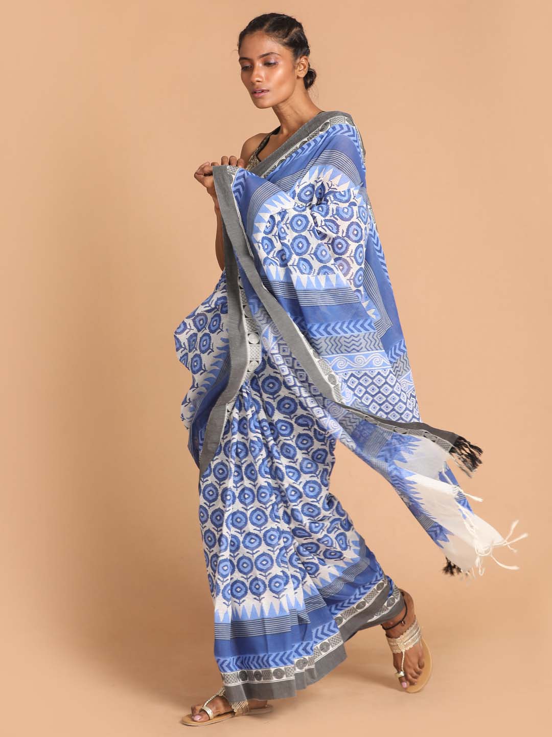 Indethnic Printed Pure Cotton Saree in Blue - View 2