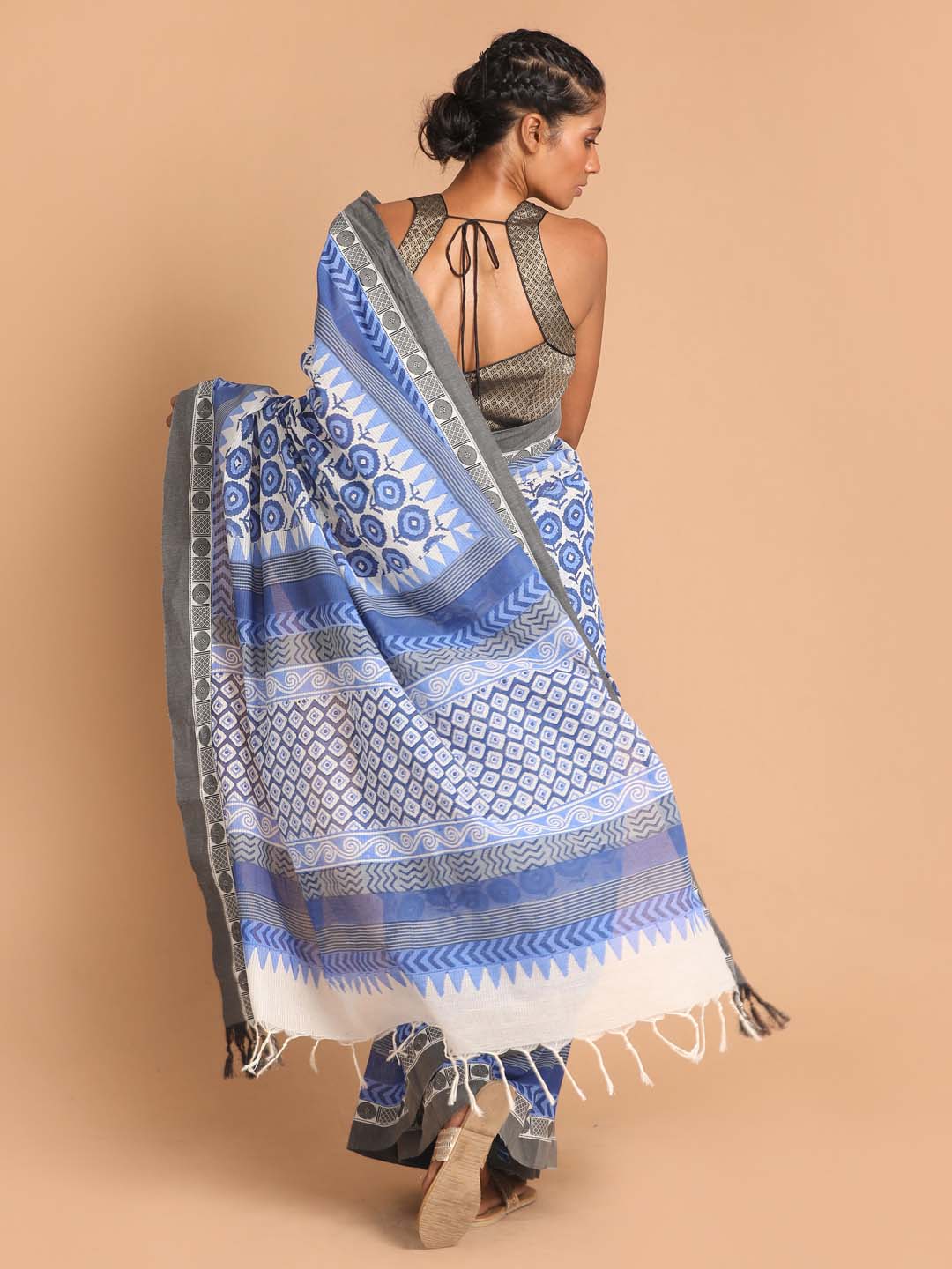 Indethnic Printed Pure Cotton Saree in Blue - View 3