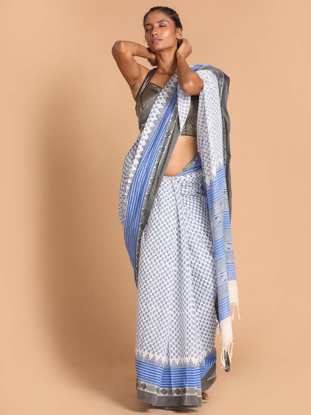 Indethnic Printed Pure Cotton Saree in Blue - View 1