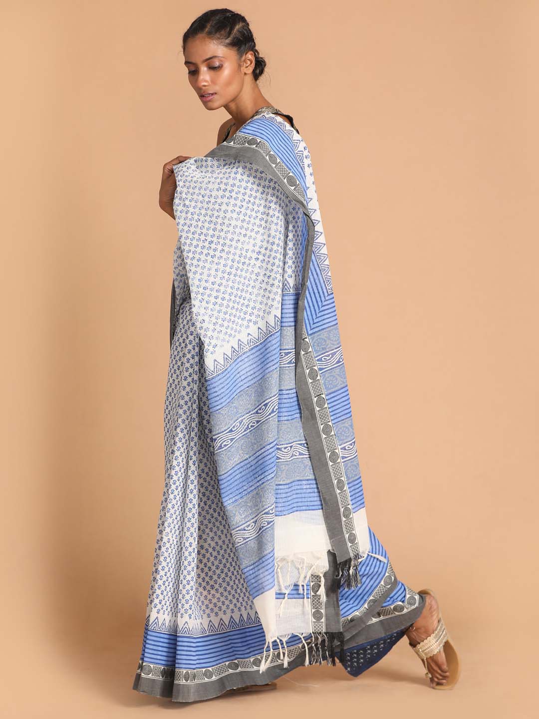 Indethnic Printed Pure Cotton Saree in Blue - View 2