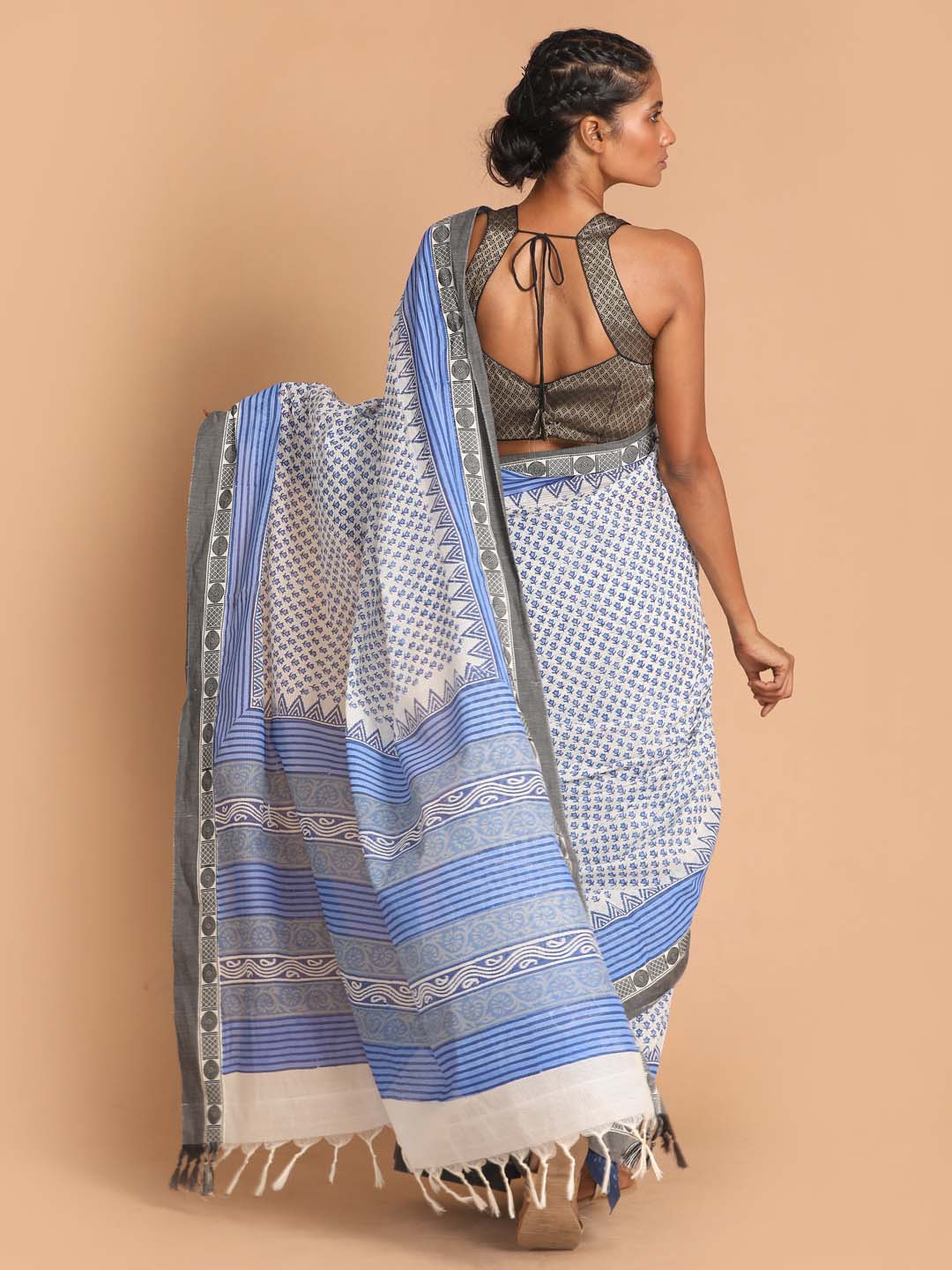 Indethnic Printed Pure Cotton Saree in Blue - View 3