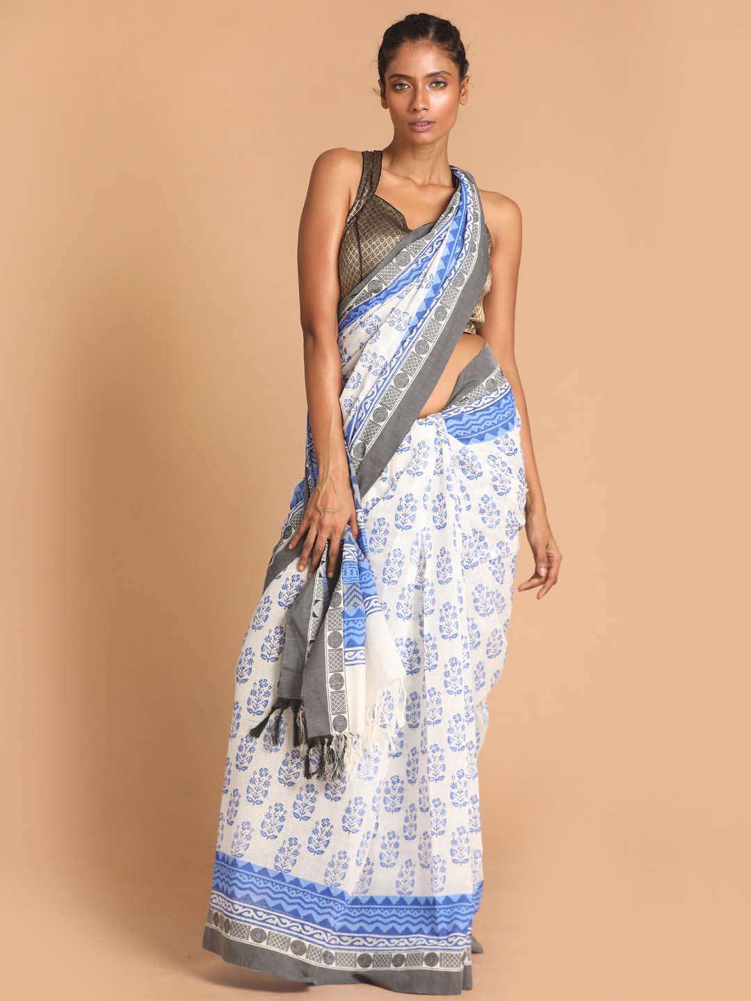 Indethnic Printed Pure Cotton Saree in Blue - View 1