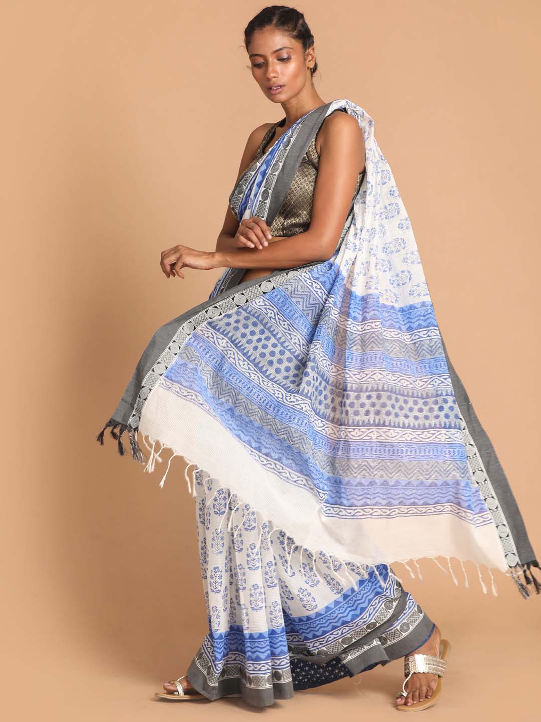 Indethnic Printed Pure Cotton Saree in Blue - View 2