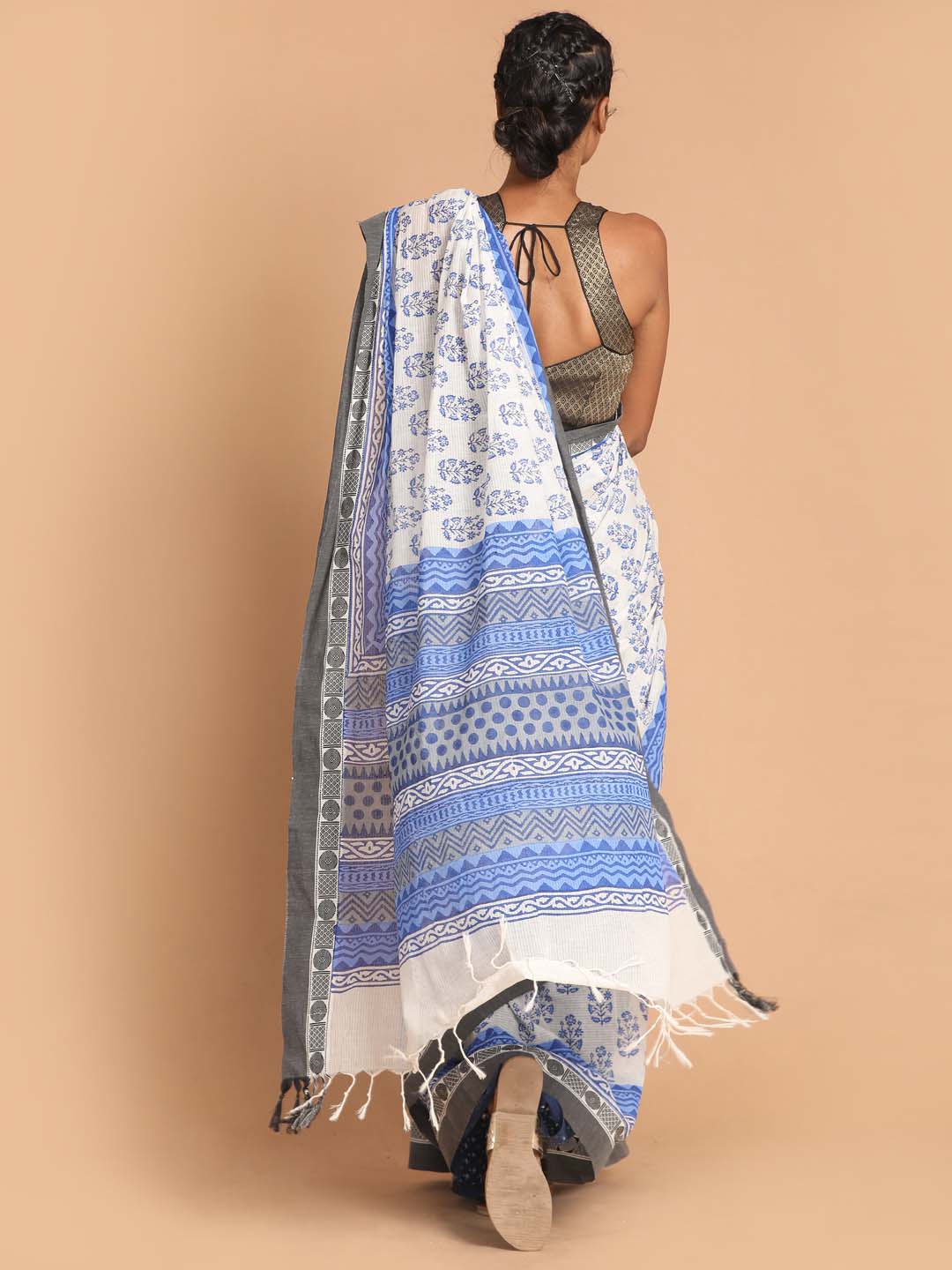 Indethnic Printed Pure Cotton Saree in Blue - View 3