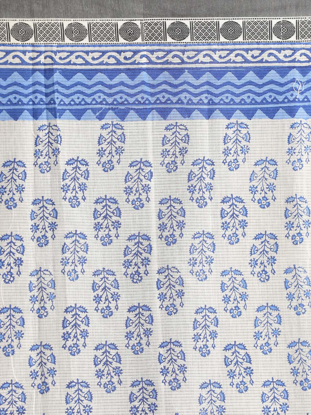 Indethnic Printed Pure Cotton Saree in Blue - Saree Detail View