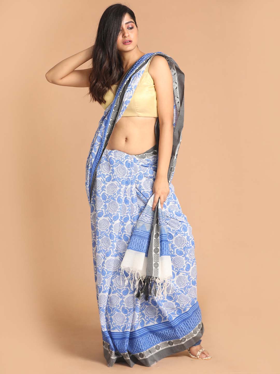 Indethnic Printed Pure Cotton Saree in Blue - View 1