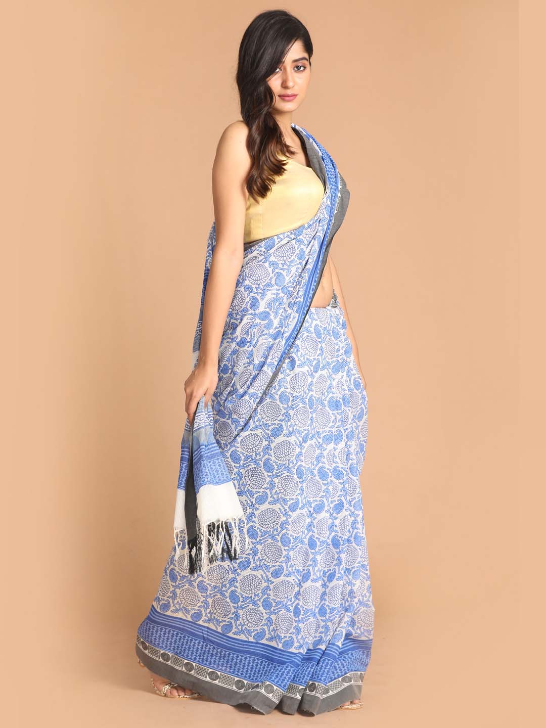 Indethnic Printed Pure Cotton Saree in Blue - View 2