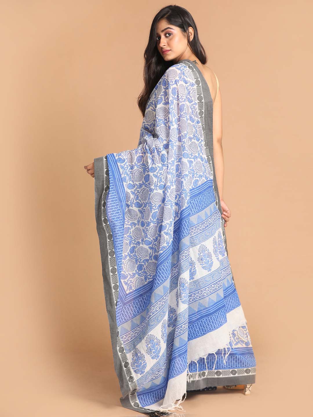 Indethnic Printed Pure Cotton Saree in Blue - View 3