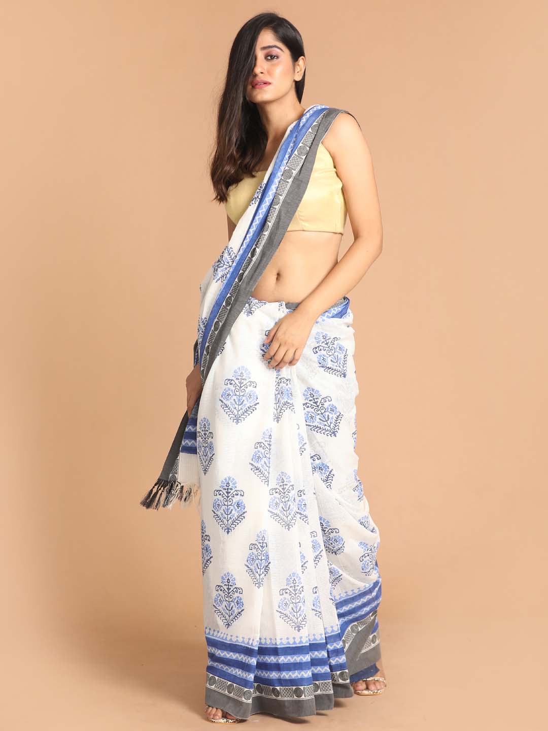 Indethnic Printed Pure Cotton Saree in Blue - View 1